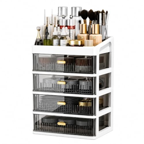 Image of JD Fresh 4 Layer Makeup Storage Organizer /Plastic Large Cosmetic Storage Box with Transparent Drawer /Vanity Countertop Skincare Organiser for Makeup, Perfume, Brushes & Beauty Accessories