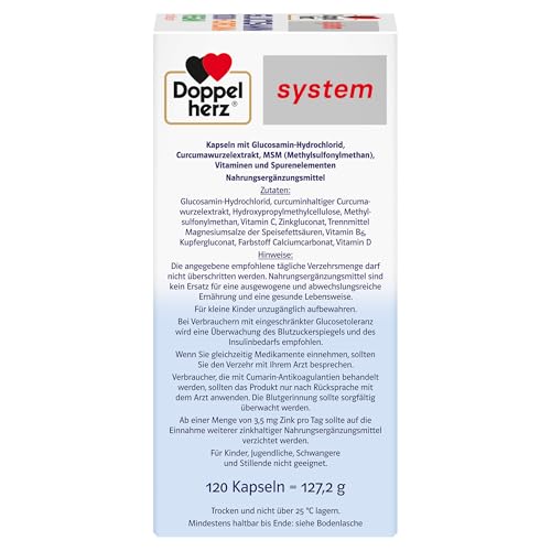 Doppelherz system GLUCOSAMIN 1000 + CURCUMA VEGAN – Vitamin C trägt zur normalen Kollagenbildung für die normale Knorpel- und Knochenfunktion bei – 120 Kapseln