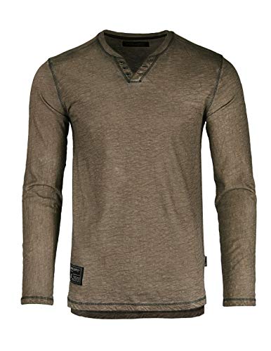 ZIMEGO Men's Vintage Wash Color Dyed Long Sleeve V-Neck Henley Slim Casual Shirt Olive Brown
