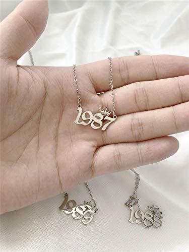 Birth Year Number with Crown Necklace,Old English, Memorable Anniversary Jewelry for Women Girls, Personalized Birthday Jewelry 18K Real Gold Stainless Steel Pendant2