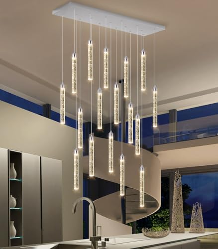 Image of Rectangular Chandeliers 17-Lights Long Light for Entryway LED Dimmable Chandeliers Lighting Fixture Flat Sloped High Ceiling Pendant Lights Crystal for Living Room Foyer Hallway Staircase Silver
