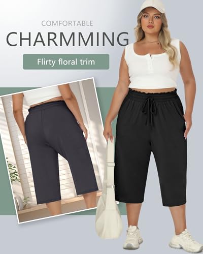 Neer 3 Pack Women's Plus Size Capris High Waisted Drawstring Wide Leg Cropped Sweatpants Lounge Yoga Pants with Pockets4