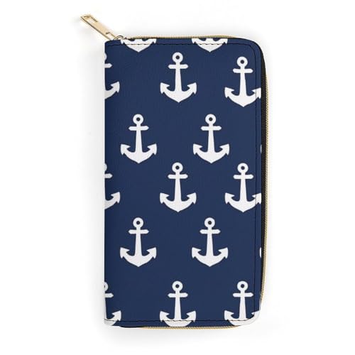 Girl's Long PU Wallet, Travel Purse Fashion Design, Huge Storage Capacity Purse, Cute Decor Zipper Wallet Navy Nautical Anchor