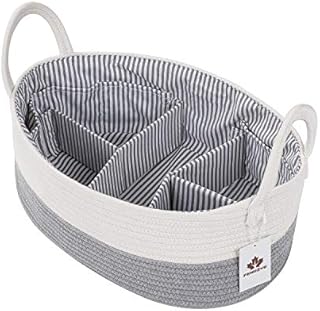 AUNHUIT Baby Nappy Diaper Caddy Organizer Extra Large Nursery Storage Bin Woven Cotton Rope Baby Shower Basket with 8 Pockets 5 Compartments Removable Insert Portable Travel Changing Organiser(Grey)