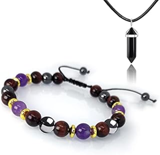 Hion Triple Protection Bracelet-Slimming Bracelet,Red Tiger Eye Purple Amethsyt Hematite Bracelet Set for Men Women