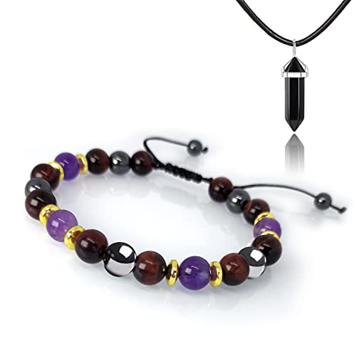 Hion Triple Protection Bracelet-for Ultimate Weight Loss Boost Metabolism Reduce Bloating Slimming Bracelet Red Tiger Eye Purple Amethsyt Hematite Bracelet Set for Men Women
