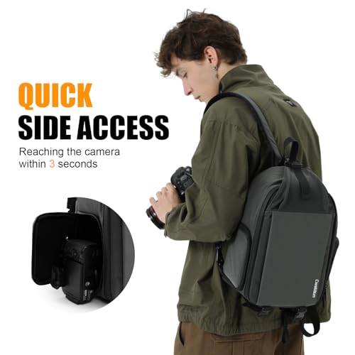 Cwatcun Camera Sling Bag, Small Camera Backpack with Waterproof Zipper for Travel, Anti-theft DSLR Camera Bag with Tripod Holder for Canon Nikon Sony Fuji, Grey