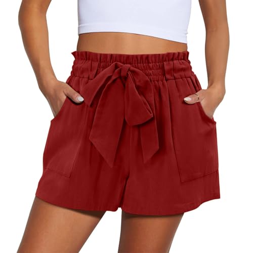 BFSWL Pantalones cortos de verano para mujer, monocolor, bermudas, tiempo libre, cintura alta, pantalones cortos de verano, ligeros, pierna ancha, pantalones de verano con goma elástica y bolsillos