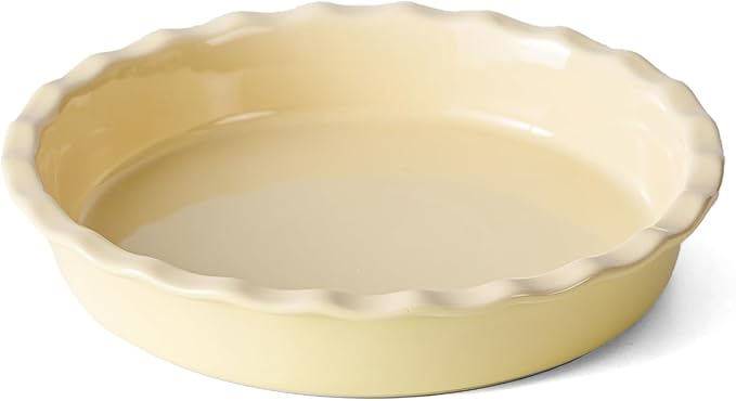 Ceramic Pie Pan for Baking 10 inch, Pie dish for Quiche, Apple Pie, Pot Pies, Deep dish pie plate with ruffled edges, Non-stick Cake Pan, Microwave,Dishwasher,and Oven Safe, Butter Yellow