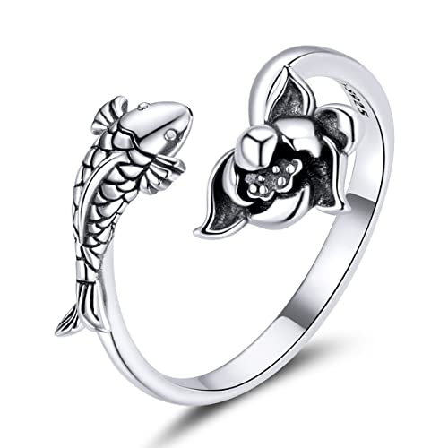 Bague carpe en argent 925 ajustable, le cadeau porte-bonheur idéal avec son motif lotus floral
