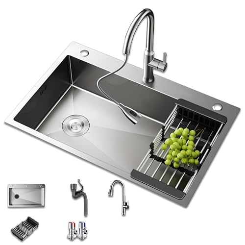 Fregadero De Cocina De Montaje Superior O Empotrado, Fregadero Cocina 1 Seno, Cocina Fregadero De Acero Inoxidable Con Juego Combinado De Grifo Para RV, Cocina De Preparación(75*45cm/30*18in)