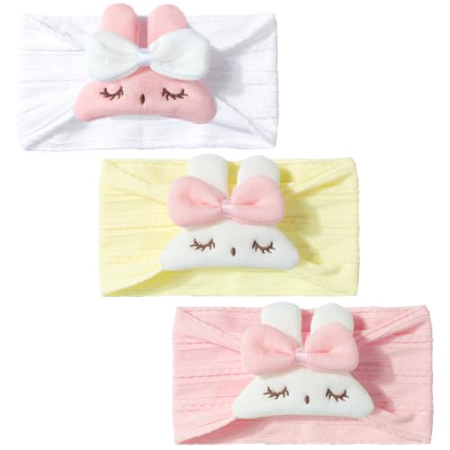 3 Pcs Baby Girls Headbands Baby Rabbit Headband Soft Comfortable Elasticity Nylon Hairbands for Newborn Infant Toddlers Essentials Accessories (Pink,White,Yellow, One Size)
