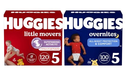 Image of Huggies Little Movers + Overnites Bundle: Huggies Little Movers Baby Diapers, Size 5 (27+ lbs), 120ct (2 packs of 60) & Huggies Overnites Overnight Diapers, Size 5 (27+ lbs), 100ct (2 packs of 50)