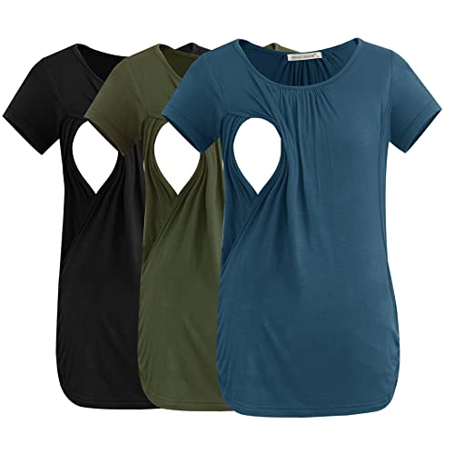 Image of Smallshow Women's Nursing Tops Ruched Short Sleeve Breastfeeding Shirts 3-pack