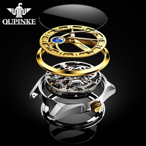 Image of OUPINKE Skeleton Mens Automatic Watches Mechanical Luxury Dress Leather Self Winding Waterproof 50M /5ATM Luminous Watches for Men