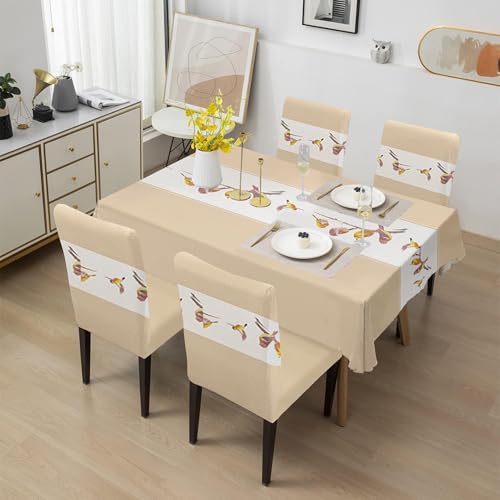 Image of Amazon Basics Dining Table Cover with 6 Chair Covers|Table Cover: 100% Polyester Woven Fabric 140 GSM, 220Cm X 140Cm|Chair Cover: 95% Polyester & 5% Spandex 110 GSM, 50Cm X 40Cm|Cream, Rectangular
