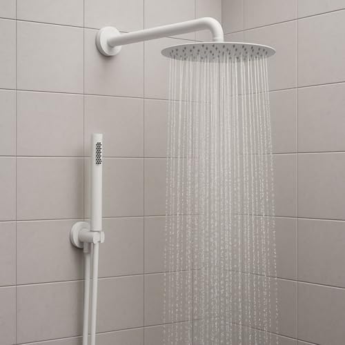 Set Doccia Completo, Soffione Tondo 250mm con Doccetta, Braccio 35cm, Finitura Bianco Opaco, Acciaio Inox