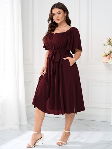 Image of Women Plus Size Cocktail Dress Short Sleeve Square Neck Belted Elegant Flowy A Line Midi Dresses with Pockets