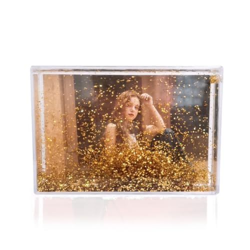 SH.DREAM Liquid Floating Water Golden Glitter Photo Frame with Glitter Liquid for Cute Family Couple Gift (5X7Inch) Golden