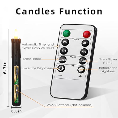 Image of 6.7 Inch Black Flameless Taper Candles, Short Taper Candles Battery Operated with Flickering 3D Flame, Led Candle Sticks Safe for Windowsill Wedding Home Halloween Decor, Set of 6