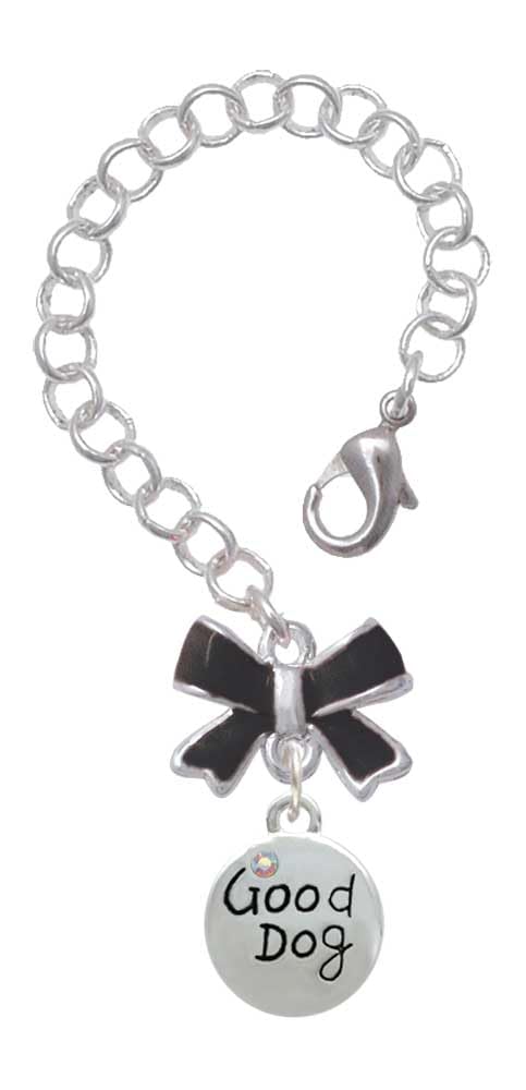 Delight Jewelry Silvertone Good Dog with AB Crystal and Paw Print - Black Bow Charm Accessory for Tumblers and Thermal Cups