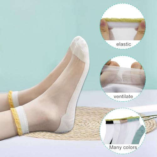 Image of FuninCrea 6 Pairs Sheer Socks, Summer Mesh Socks for Women Girl, Breathable Lace Socks Thin Cute Ruffle Socks (M, Blue+Khaki), 3T