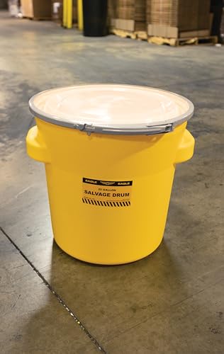Eagle 20 Gallon Plastic Drum with Lid, Metal Lever-Lock, 20.4"x20.9", Salvage Drum Made of Durable, Lightweight HDPE, Withstands Weather and Chemicals, Made in USA, Yellow, 1654
