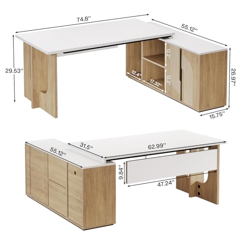 image for Tribesigns 74.8 Inch Executive Desk, Large Office Desk with Cabinet, L
