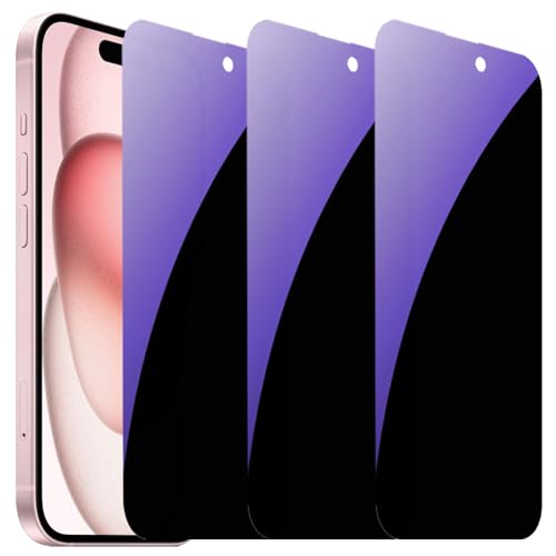 BWEDXEZ 3 PCS Anti-Blue Privacy Tempered Glass Suit for iPhone 15 Plus Anti-Spy Screen Protector Anti-Peeping Film 9H Hardness Anti-scratch 6.7 inch (Bule)