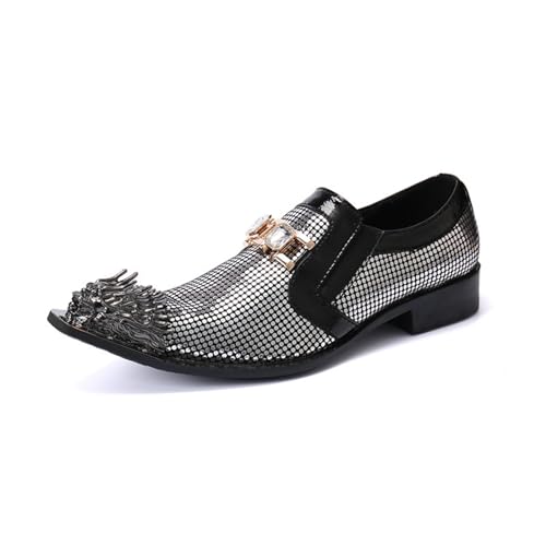 Men's Leather Shoes, Business Casual Shiny Silver Polka dots Men's Dress Shoes, Wedding Party Banquet Nightclub Stage Host Barber Uniform Office Work Shoes