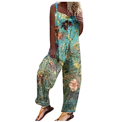 Hanaturu Mono bohemio para mujer, holgado, de pierna ancha, estampado floral, bohemio, moderno, para la playa, 04-verde, XL