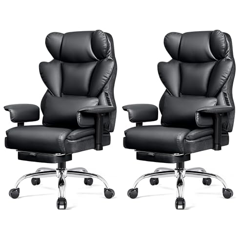 Image of Big & Tall Office Chair, Ergonomic High Back Executive Desk Seat | 400 LBS Heavy Duty Steel Frame for Heavy Users, 23.6 inch Wide Seat, Padded Armrests, 165 Reclining, Black PU Leather, 2 Pack