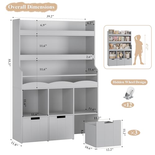 HITHOS 55.3" H Kids Bookshelf with Toy Storage Organizer, Tall Book Shelf with 3 Movable Toy Storage Bins, Large Kids Bookcase with Toy Chest, 39.2" W Modern Toys Box for Kid Room, Playroom, Gray