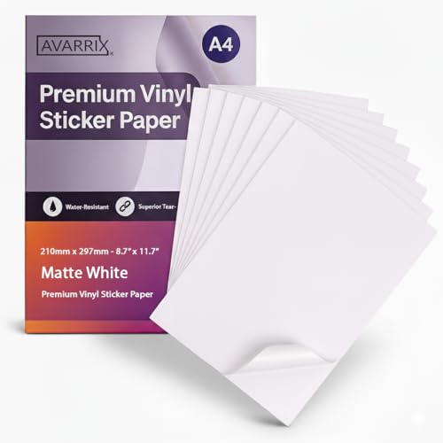 Avarrix Australia Printable Vinyl Sticker Paper for Inkjet Laser Printer, Matte White, 10 Sheets, Waterproof Label Stickers, Printable Vinyl Sheets, Tear Resistant, Quick Dry Vibrant Colours, A4 Size