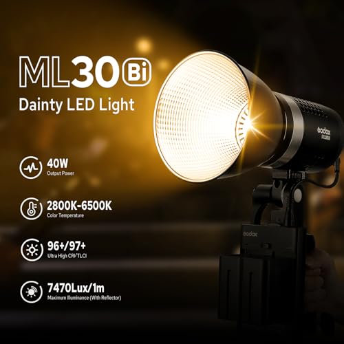 Image of Godox ML30Bi Handheld Bi-Color LED Video Light, Portable Studio LED Continuous Light 2800K-6500K, 41000 lumens CRI 96+ TLCI 97+, 21 FX Effects, APP Control, Silent Mode, Compatible with Godox Mount