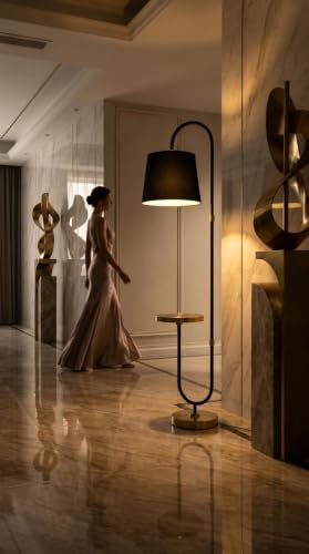 Image of Deco Crush Modern Floor Lamp with Built-in Side Table, Tall Metal Standing Lamp 5ft Height with Black Fabric Shade, Contemporary Reading Light for Living Room, Bedroom, Study Room and Home Decor