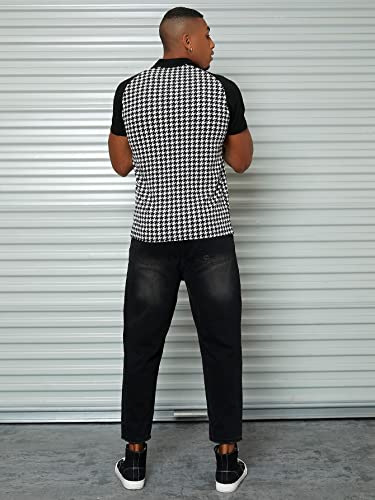 Wdirara Mens Polo Shirts Houndstooth Print Raglan Sleeve Casual Polo Shirts For Men Black And White L #TOP1