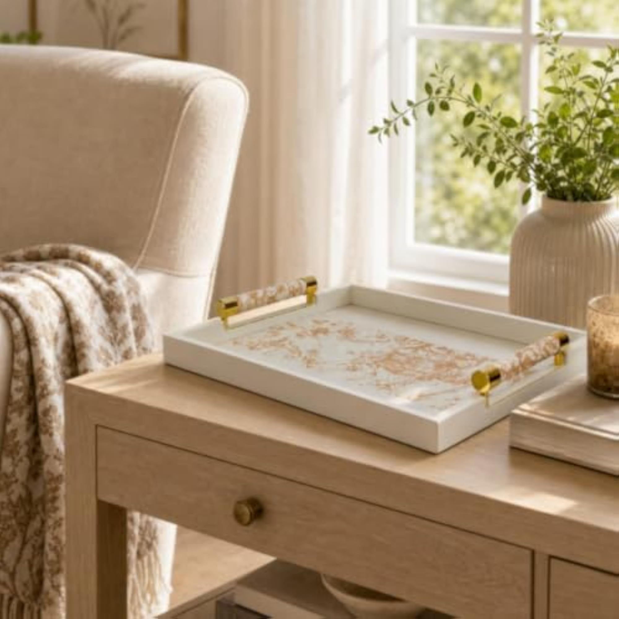 Floral Wood Tray with Leather, Elegant Rectangular