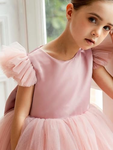 Tulle Flower Girl Dress for Wedding Puffy Satin Ruffle Sleeve Ball Gowns Tea Length Bow Knot Princess Dress3
