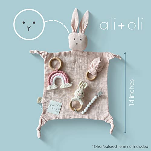 Image of Ali+Oli Cuddle Bunny Security Blanket - Soft & Breathable Muslin, Plush Baby Blanket for Girls & Boys, Pre-Washed Cotton, Bunny Theme (Pink)
