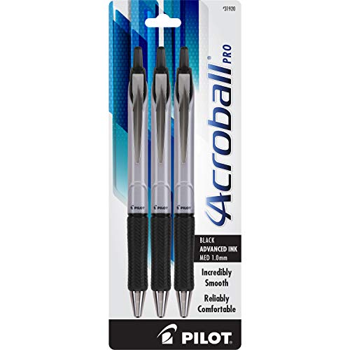 PILOT Acroball Pro Advanced Ink Refillable & Retractable Ball Point Pens, Medium Point, Black Ink, 3-Pack (31920)