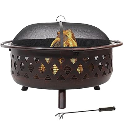 Sunnydaze 36-Inch Bronze Crossweave Wood-Burning Fire Pit - Includes Spark Screen, Fireplace Poker, and Round Cover