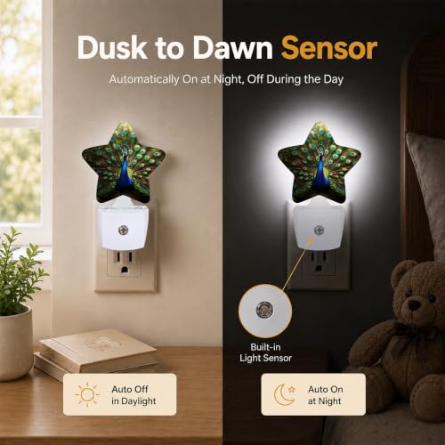 Image of Peacock Plug in Star Night Light, Night Light with Sensor for Kids Nursery Bedroom, Decorative Soft Glow Lamp for Hallway Bathroom, Energy Saving