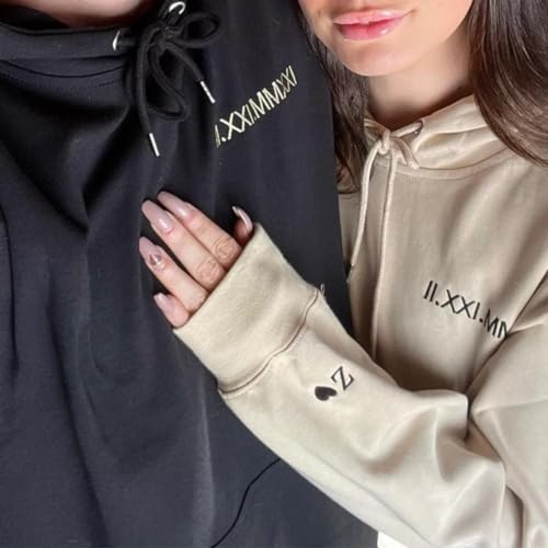Personalized Embroidered Roman Numeral Hoodie With Date And Initial,Custom Couple Sweatshirt, Unisex White2