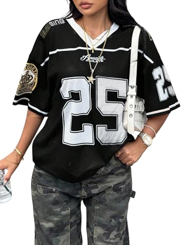 BEAUDRM Girls Y2k Jersey Shirts Number Graphic Oversized Tees Half Sleeve V Neck Mesh T Shirt Streetwear Black and White 15Y