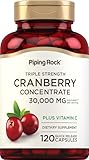Piping Rock Cranberry Pills | 30,000 mg | 120 Capsules | Supplement for Women & Men | Triple Strength Concentrate Extract Plus Vitamin C | Non-GMO, Gluten Free