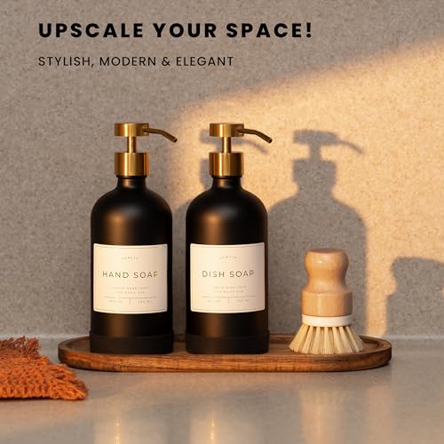 Image of Hand and Dish Soap Dispenser for Kitchen and Bathroom, Set of 2 16 Oz Glass Bottles, Stainless Steel Pumps, Non-Slip Silicone Base, 27 Waterproof Labels (Matte Black Bottle /Brushed Gold Pump)