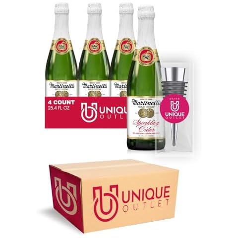 Martinelli's 4-Pack of Apple Cider 100% Pure Gold Medal Sparkling Juice Not From Concentrate, Glass Bottle 25.4 fl oz + 1 Stainless Steel Wine Stopper by Unique Outlet Cover