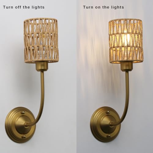 Image of Yosoan Set of 2 Rattan Boho Wrapped Wall Sconce Light, Indoor Hardwired Gold Hand-Woven Farmhouse Vintage Lamps, Brass Braided Rope Shade Wall Mount Fixture for Reading Bedroom(Antique)