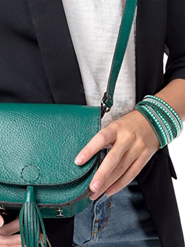 Long Tiantian Leather Wrap Bracelet For Women Boho Multilayer Leather Cuff Bracelets Crystal Rhinestone Leather Wristbands Bracelet For Girls Wife Mother Gifts（Green） #TOP2